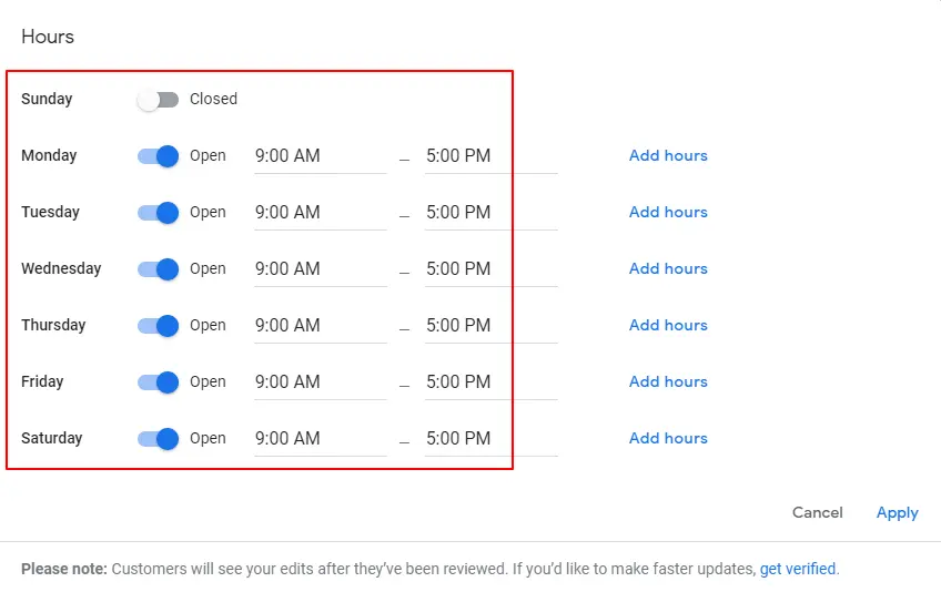add business working hours